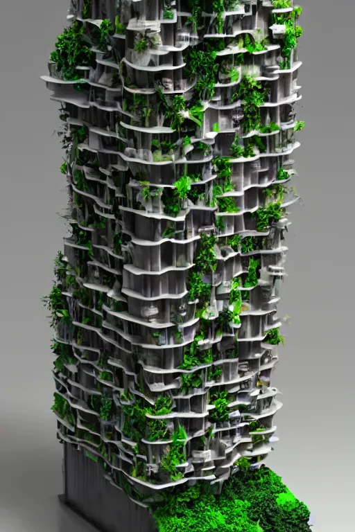 Image similar to 3 d printed physical model organic flowy including more than one city into one vertical building model that sits on a table in a room with a viewand lights in the back, multiple stories, transparent, with vegetation, colorful, eye - level view, 8 0 k, octane render, highly detailed 3 d render,