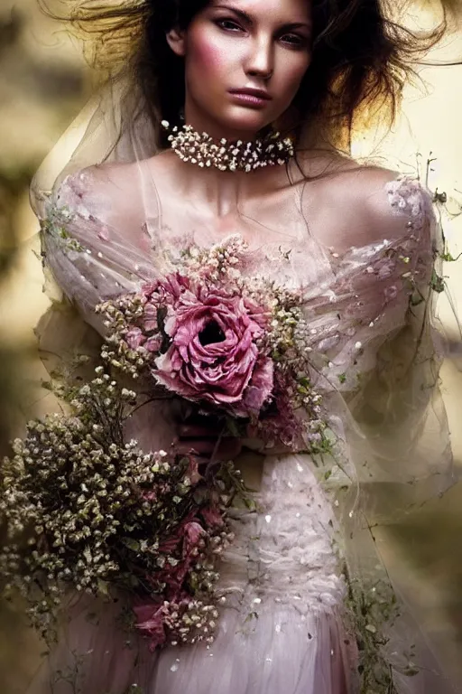 Image similar to very beautiful woman, beautiful face, ultradetailed, ethereal, flowers, beautiful wedding dress, gorgeous, volumetric lighting, art by steve mccurry