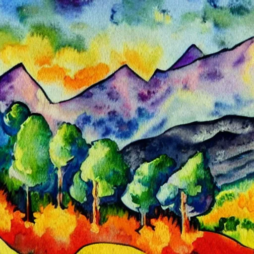 Image similar to fauvism artstation watercolor landscape, mountain with pine trees.