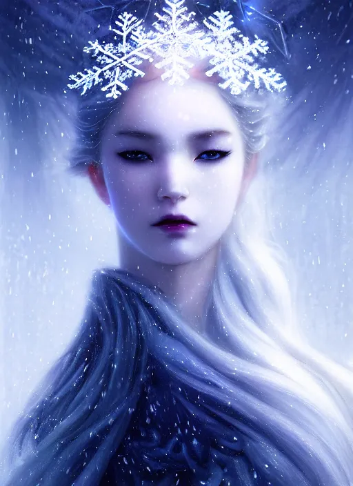 Image similar to a beautiful majestic frozen white queen with snowflakes on her hair, glowing light orbs, intricate concept art, elegant, digital painting, smooth, sharp focus, ethereal mist, deep colors, illuminated lines, outrun, vaporware, dark background, cyberpunk darksynth, ethereal, ominous, misty, 8 k, rendered in octane, by ruan jia and miho hirano