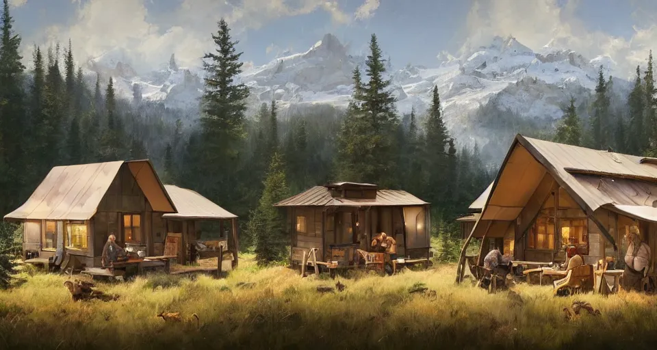 Image similar to cabela's beautiful comfortable modular pop - up insulated all terrain family dwelling, cabin,, person in foreground, mountainous forested wilderness open fields, beautiful views, painterly concept art, joanna gaines, environmental concept art, farmhouse, magnolia, concept art illustration, by james gurney, by craig mullins, by greg rutkowski trending on artstation