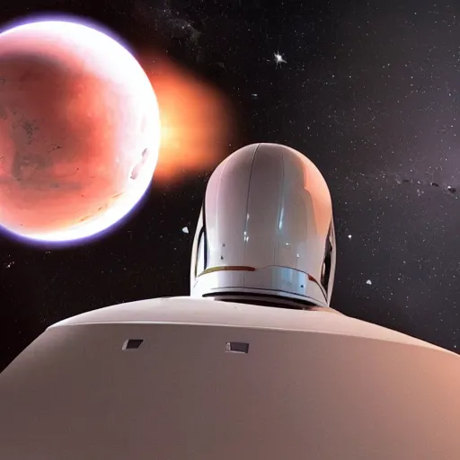 Image similar to elon musk inside a starship rocket, looking at mars outside the window