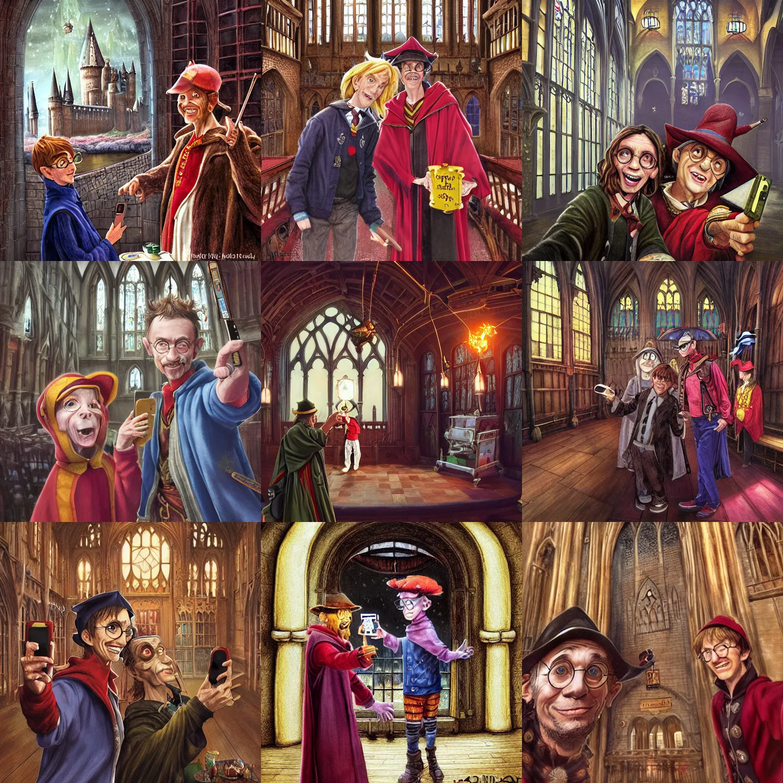 Prompt: Rincewind takes a selfie with Harry Potter in the Great Hall in Hogwarts, detailed, hyperrealistic, colorful, cinematic lighting, photorealistic, digital art by Paul Kidby, Kate Oleska and Jim Kay