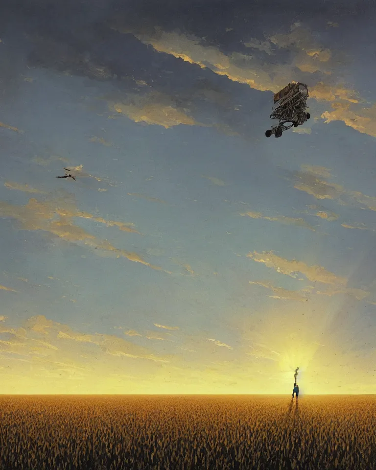 Prompt: wide shot of a tall and thin stepped object hovering vertically in the air ten feet above a cornfield, late afternoon, golden hour, dramatic lighting, cinematic, highly detailed, smooth, sharp focus, concept art by greg rutkowski and john berkey and syd mead