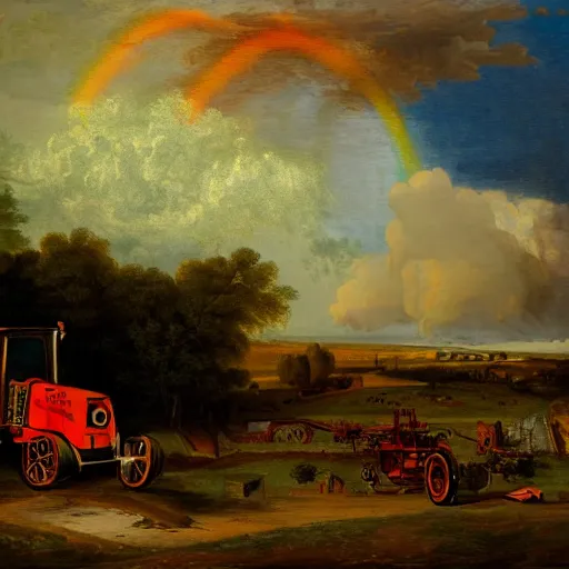 Image similar to a burning tractor over a rainbow as a baroque painting