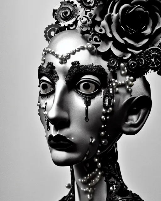 Image similar to black and white dreamy foggy smoky profile face portrait, one silver steampunk realistic eye biomechanical beautiful young female cyclope - cyborg - robot bust, body ribs meshes,, volumetric light, hibiscus flowers, by man ray, rim light, big gothic fashion pearl embroidered collar, 8 k
