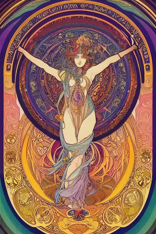 Image similar to beautiful goddess of space and dreams by alphonse mucha, mandala, coherent design, symmetrical, vivid colors, digital watercolor ink illustration painting, complementary color, golden ratio, detailed, sharp lines, sharp focus, intricate, rainbowshift, artgerm, gustave dore, maxfield parrish, octane render