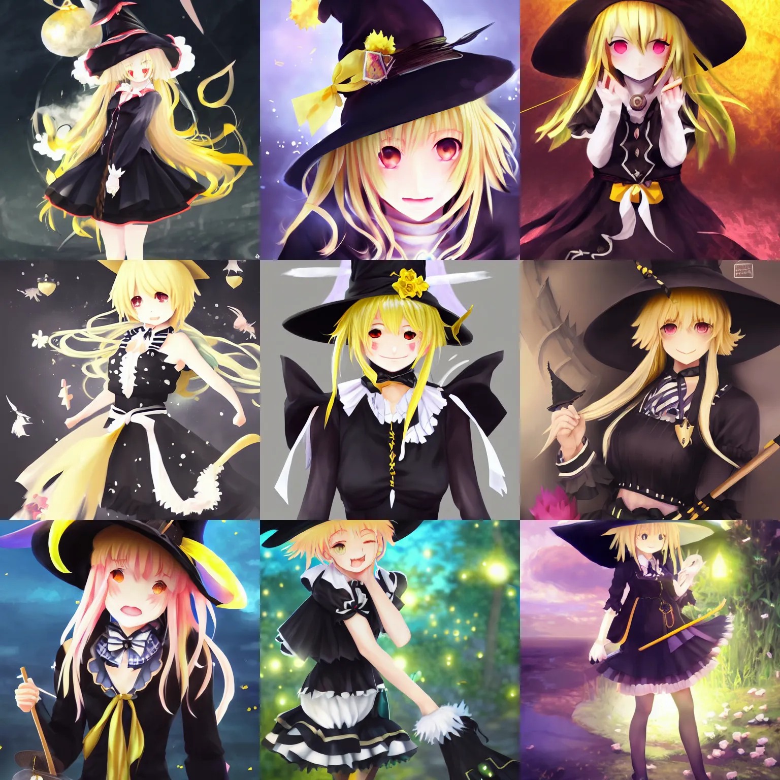 Image similar to artwork portrait of cute witch marisa kirisame from touhou project, marisa kirisame touhou artwork black black hat hat broom blonde hair ultradetailed sparkling yellow eyes maid dress white apron by greg rutkowski makoto shinkai sakimichan key art 4 k 8 k ultrahd trending award winning