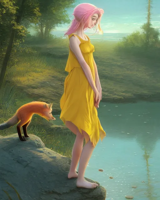 Prompt: an anthropomorphic fox girl wearing a simple yellow sundress, she has purple hair and two pointed black ears, beautiful lake background, illustration by greg rutkowski, thomas kindkade, loish, artstation, furaffinity, deviantart