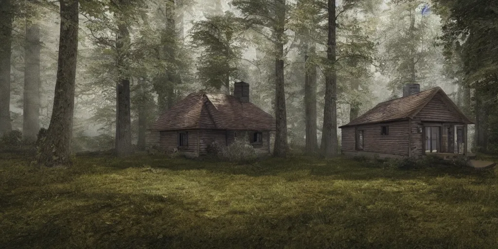 Image similar to a single cottage in the woods and empty woods, 8k, fantasy, hyper realistic, atmospheric