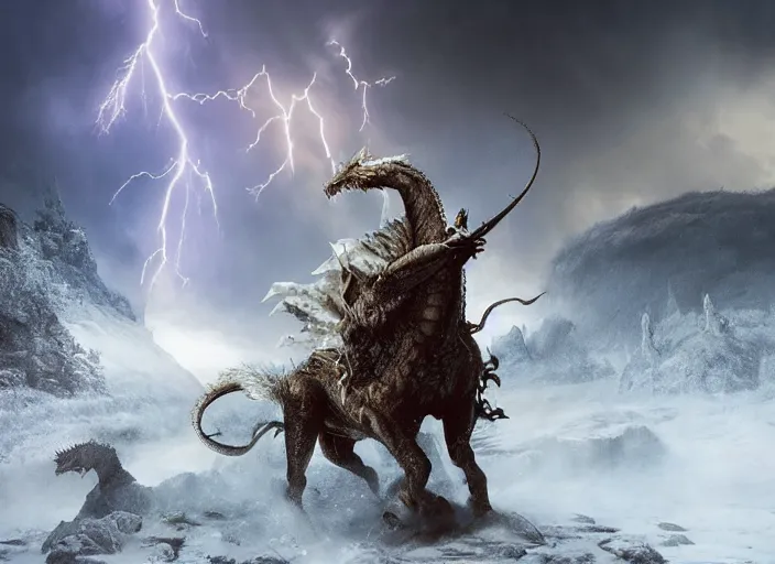 Image similar to unicorn fighting a dragon, beautiful snowy landscape, lightning storm, dramatic lightning, cinematic, establishing shot, extremly high detail, photorealistic, cinematic lighting, epic fight scene, post processed, concept art, artstation, matte painting, style by greg rutkowsky