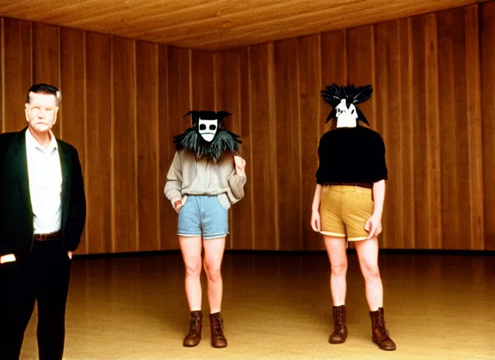 Image similar to realistic photo portrait of the team, brown mustard cotton fluffy shorts, crow mask face, wooden polished and fancy expensive wooden science laboratory hall interior 1 9 9 0, life magazine reportage photo, twin peaks by david lynch