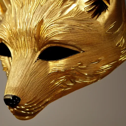 Image similar to a realistic photo of a beautiful white and gold fox mask, laying on a cherrywood desk, with spot lighting showing off the vivid gold details of the mask, f/1.8 32mm lens, 4K award winning, trending on artstation