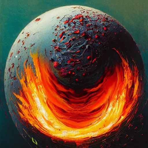 Image similar to a sphere being covered by extremely detailed splatters of abstract paint, engulfed in flames in the style of, pascal blanche, surreal, beksinski, high detailed