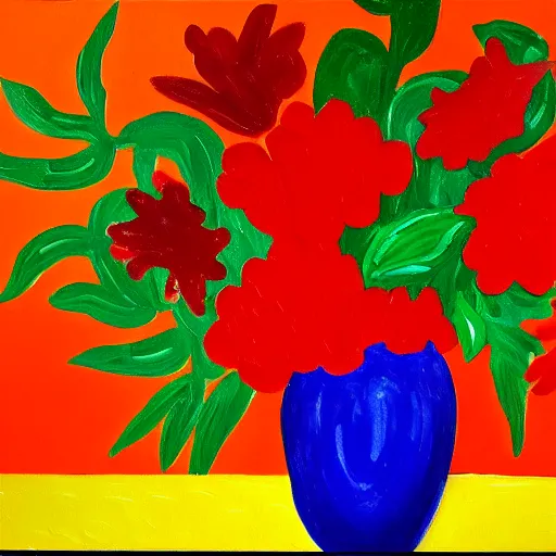 Image similar to a painting of red flowers in a red vase, a gouache by tom wesselmann, pixabay contest winner, naive art, acrylic art, oil on canvas, fauvism