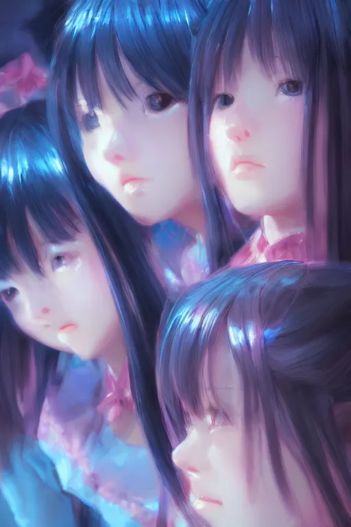 Prompt: 3d infrared octane render concept art by Mo Xiang Tong Xiu, by Igarashi Daisuke, by makoto shinkai, cute beauty cozy face portrait anime schoolgirls under dark pink and blue tones, mirror room. light rays. water bellow. pretty realistic face. pretty sad eyes. dramatic light, trending on artstation, oil painting brush