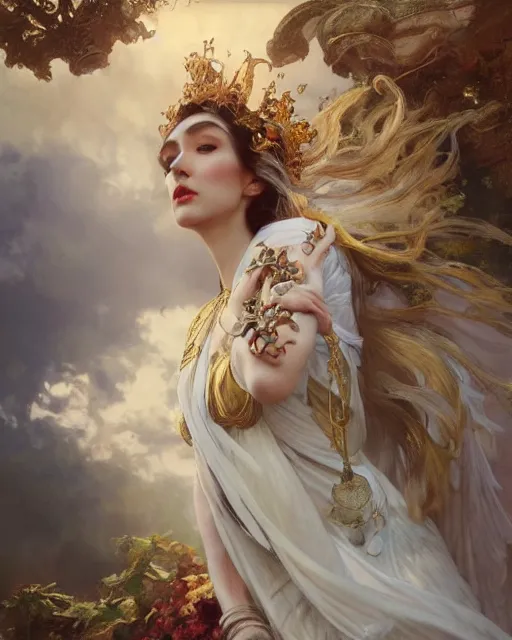 Prompt: a beautiful close up portrait of a sorceress floating on air with elegant looks, flowing robe, ornate and flowing, intricate and soft by ruan jia, tom bagshaw, alphonse mucha, wlop, beautiful roman architectural ruins in the background, epic sky, vray render, artstation, deviantart, pinterest, 5 0 0 px models