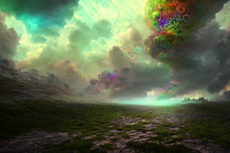 Image similar to a psychedelic realm in an alternate dimension at the edge of all known existence made out of clouds, in the style of wlop, illustration, epic, fantasy, hyper detailed, smooth, unreal engine 5, sharp focus, ray tracing