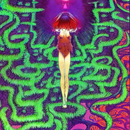 Prompt: A beautiful composition of a psychedelic glowing spirit animal psychonaut floating above a hedge maze, DMT, rich details full of texture, realistic eyes, artwork by Satoshi Kon and Yoshitaka Amano and Moebius