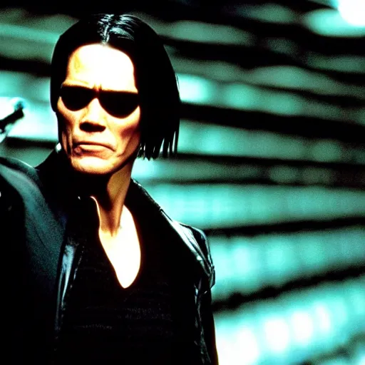 Prompt: film still of jim carrey as neo in the movie matrix, photography