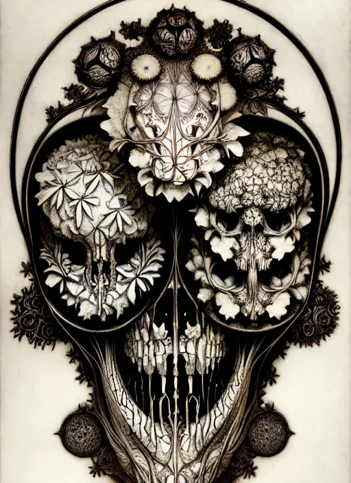 Image similar to art forms of nature by ernst haeckel, memento mori by arthur rackham, ornate antique porcelain beautiful skull mask, ultrasharp, photorealistic, hyperdetailed, octane render, polished, art nouveau, neo - gothic, gothic, intricate ornamental organic filigree, art nouveau botanicals, art forms of nature by ernst haeckel, horizontal symmetry, symbolist, visionary