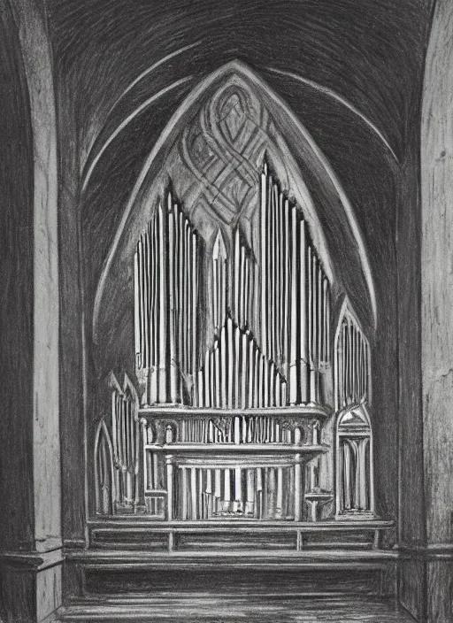 Image similar to pipe organ in a sunken cathedral, 1 9 th century charcoal and pencil drawing, high detail, high contrast