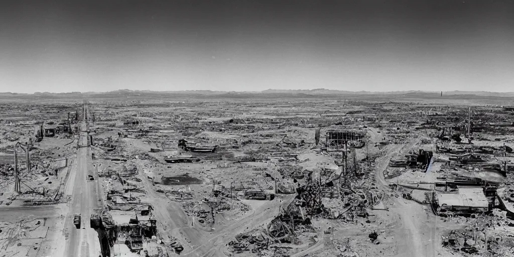 Image similar to ariel shot of irradiated post apocalyptic nuclear wasteland 1950s future destroyed las vegas strip black and white award winning photo highly detailed Arriflex 35 II, lighting by stanley kubrick