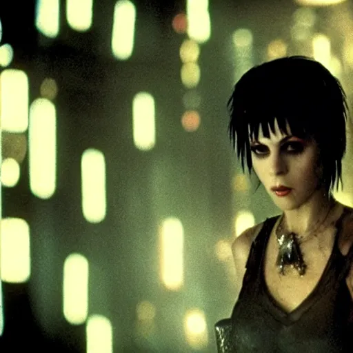 Image similar to a film portrait still of joan jett in blade runner, gritty cyberpunk atmosphere. realism, cinematic lighting, beautiful gothic fantasy photorealistic, 4 k. 8 mm. grainy. panavision.