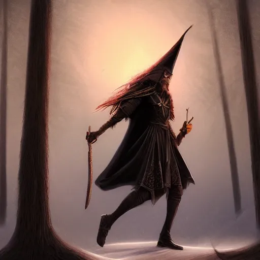 Image similar to wizard, dark, flying on the broom, front view, trees, snowing, artstation