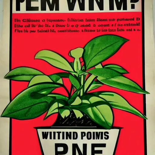 Prompt: 1950s wanted poster for a pot plant