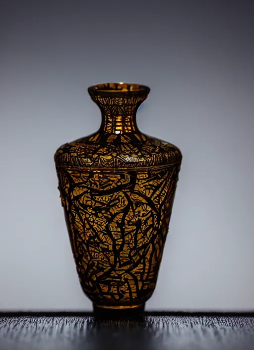 Image similar to a 2 8 mm macro photo of a broken intricate ming vase, splash art, movie still, bokeh, canon 5 0 mm, cinematic lighting, dramatic, film, photography, golden hour, depth of field, award - winning, anamorphic lens flare, 8 k, hyper detailed, 3 5 mm film grain