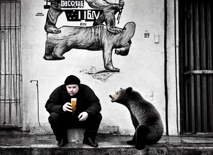 Image similar to gopnik drinking cheap beer with a bear, soviet exterior, symmetrical, cinematic, real photography