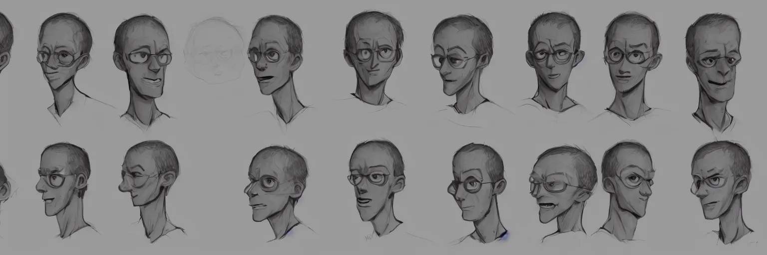 Image similar to character face study of skinny snorexic todd solondz, 2 2 yo, clear faces, emotional, character sheet, fine details, concept design, contrast, kim jung gi, pixar and da vinci, trending on artstation, 8 k, full body and head, turnaround, front view, back view, ultra wide angle