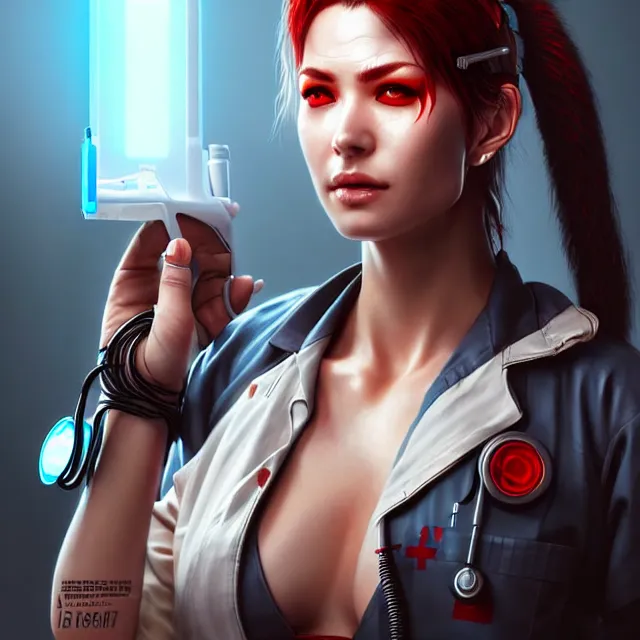 Image similar to cyberpunk nurse warrior, highly detailed, 4 k, hdr, smooth, sharp focus, high resolution, award - winning photo, artgerm, photorealistic