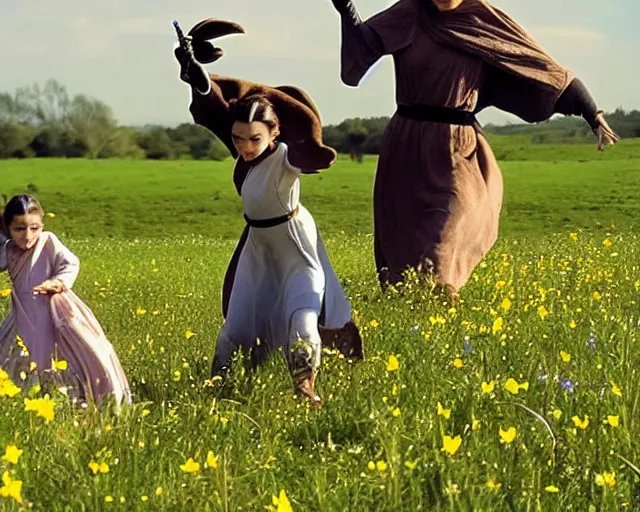 Prompt: a photo of princess leia, padme amidala, and rei skywalker, as children, playing in the fields of naboo, outdoor, grass field, wild flowers, #cameldeath