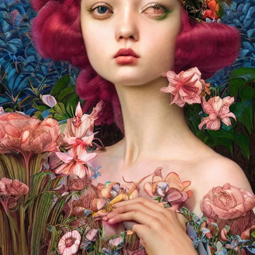 Prompt: princess girl, botanical, portrait face, colorful, kupka, long dress intricate, miles johnston, kuroda seiki, cynical realism, ozabu, john william godward, painterly, yoshitaka amano, moebius, miles johnston, louise zhang, james jean, mark ryden lowbrow pop surrealism art style