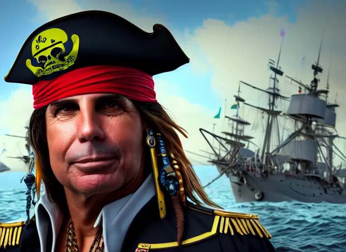 Image similar to highly detailed portrait of jair bolsonaro as a dread pirate captain, proudly posing at the helm of his frigate wearing a pirate hat, artstation, cinematic lighting, hyperdetailed, cgsociety, 8k, high resolution, insanely detailed and intricate