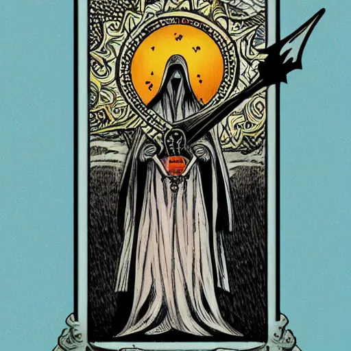 Image similar to tarot card, grim reaper, fantasy art