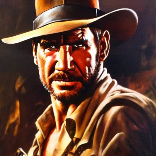 Image similar to ultra realistic portrait painting of indiana jones, art by frank frazetta, 4 k, ultra realistic, highly detailed, epic lighting