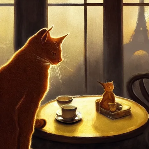 Prompt: brown cat with yellow eyes is sitting at table in a cafe at paris in early 2 0 th century. atmospheric feeling, warm colours, brown colours, yellow colours, epic scene, cinematic, very detailed, concept art, trending on artstation