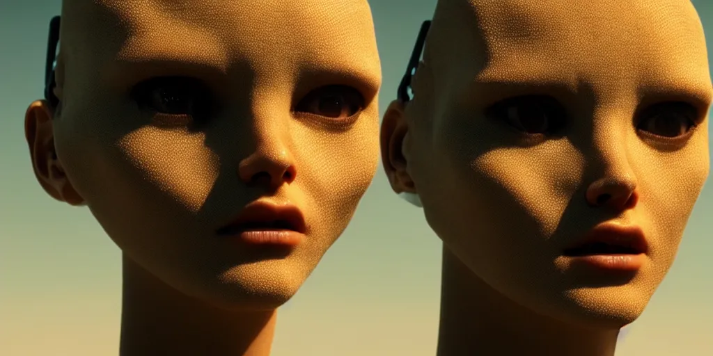 Image similar to realistic humanoid robot, mesh, skin, facial features, close up, desert background, shot by denis villeneuve, blade runner 2049 style, cinematic lighting