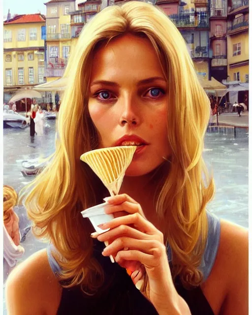 Image similar to Portrait of a blonde Barbara Bach from the bond film eating ice creams in Porto,real life skin, intricate, elegant, highly detailed, artstation, concept art, smooth, sharp focus, art by artgerm and greg rutkowski and alphonse mucha