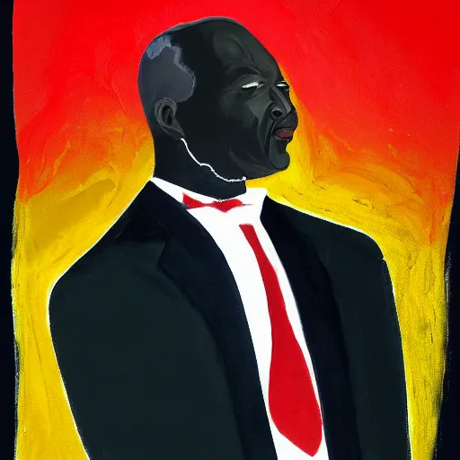 Image similar to a painting of a loving, caring fatherly, wide forehead, aquiline nose, round face, XXL , generous, ever-present, humble, wise elder from Kenya in a elegant silver suit and red tie by Kara Walker . Fatherly/daddy, focused, loving, leader, relaxed. Gold background, heavenly lights, details, smooth, sharp focus, illustration, realistic, cinematic, artstation, award winning, rgb , unreal engine, octane render, cinematic light, macro, depth of field, blur, light and clouds, highly detailed epic cinematic concept art CG render made in Maya, Blender and Photoshop, octane render, excellent composition, dynamic dramatic cinematic lighting, aesthetic, very inspirational, arthouse.