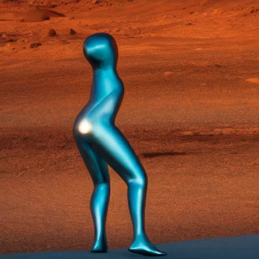 Image similar to 4 k hdr wide angle sony a 7 photo of a stainless steel shiny reflective woman female statue dancing on mars during a blue martian sunset