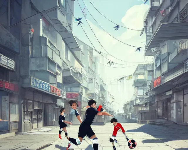 Image similar to harry kane and son heung-min playing soccer in the streets of beijing, slice of life anime, lighting, anime scenery by Makoto shinkai