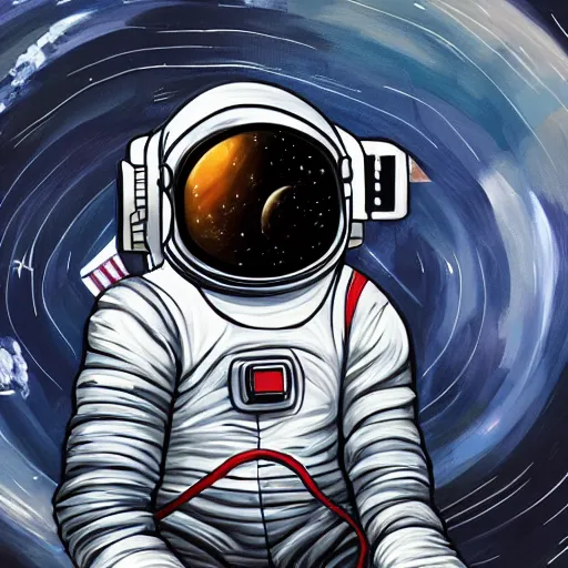 Image similar to long shot of astronaut sitting in space, calm, soothing, relaxed, cosy, quiet, elegant, digital painting, realism, cyberpunk art, acrylic on canvas, flooko,