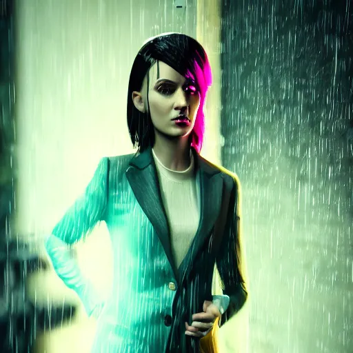 Image similar to cinematic, cartoon women portrait made out of rain, pinstripe suit, short hair, cyberpunk background, rendered in octane, unreal engine, highly detailed, trending on artstation, realistic, neon, beautiful