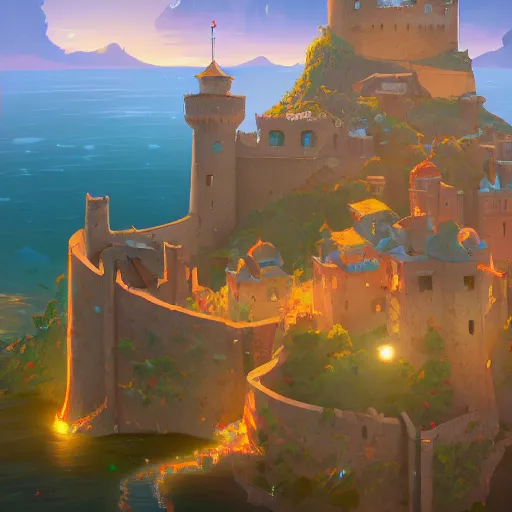 Image similar to View of the Castle of Peñiscola, mattepainting concept Blizzard pixar maya engine on stylized background splash comics global illumination lighting artstation lois van baarle, ilya kuvshinov, rossdraws