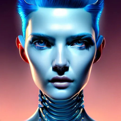 Prompt: woman with extremely large and intricate haircut with friendly blue eyes and slim features looking askance, eye cyberpunk bionics, retro futurist style, intricate, elegant gleaming jewelry, angelic halo, highly detailed, digital painting, artstation, concept art, smooth, sharp focus, illustration, art by wlop, mars ravelo and greg rutkowski,