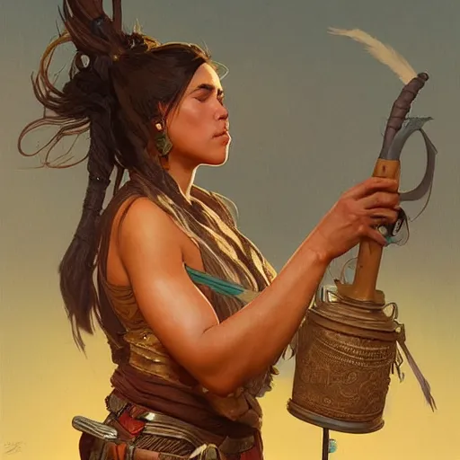 Image similar to Apache warrior preparing magic potion, highly detailed, digital painting, artstation, concept art, sharp focus, illustration, art by artgerm and greg rutkowski and alphonse mucha